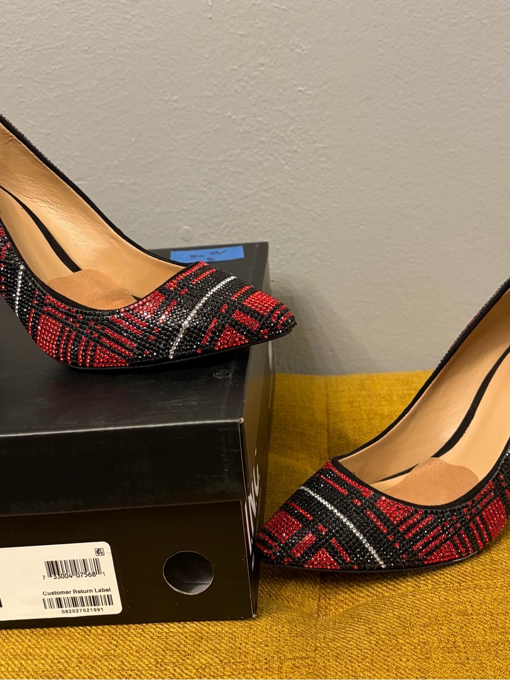 INC International Concepts Red and Black Beaded Plaid Pointed Toe Heels